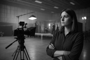 Kvinna i produktionsstudio, diskuterar vid mixerbord och skärmar, med kamera i förgrunden.